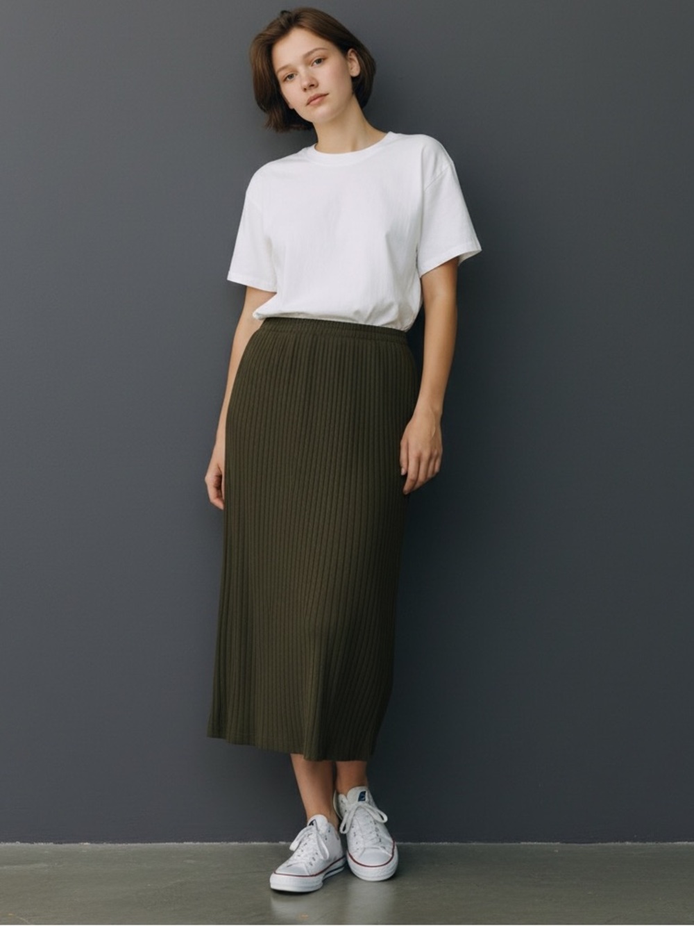 Olive Green Ribbed Midi Skirt-  Size S/M